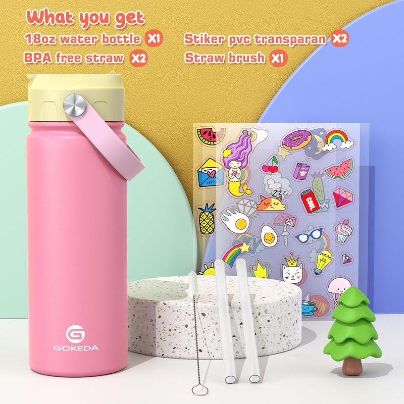 GOKEDA 18oz Kids Water Bottle, Insulated Bottles with Stickers, 18/8 Stainless Steel Vacuum Leak Proof Straw Cup for School, Gifts for Boys Girls(YelloPink) - Image 1